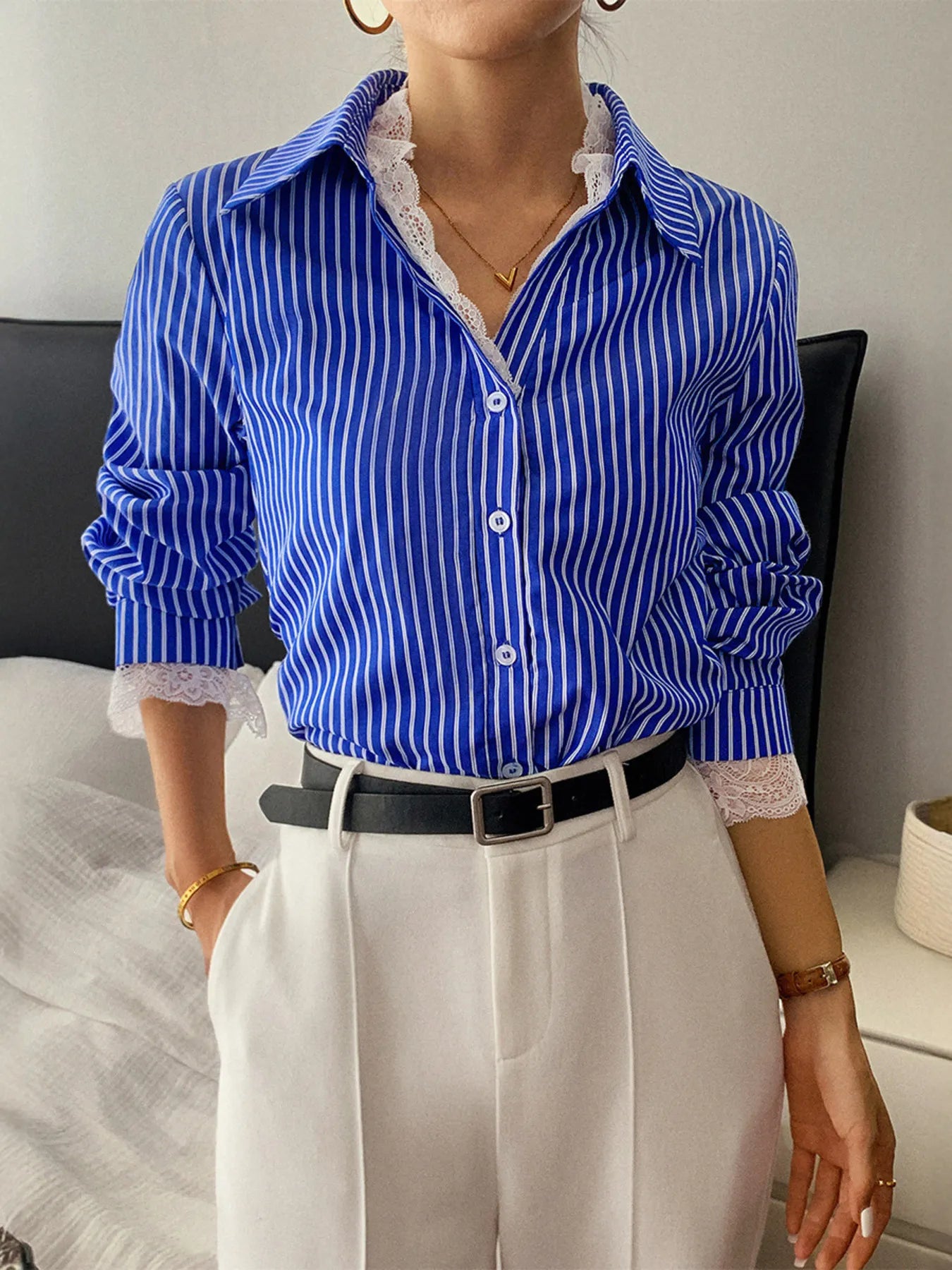 Striped Button-Down Shirt with Lace Detail - Fashorio