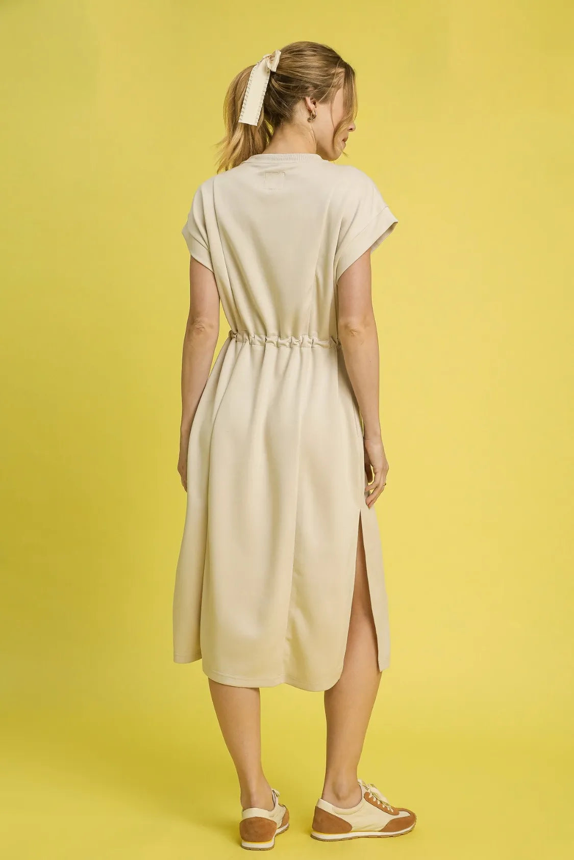Midi tee dress with self tie belt side view