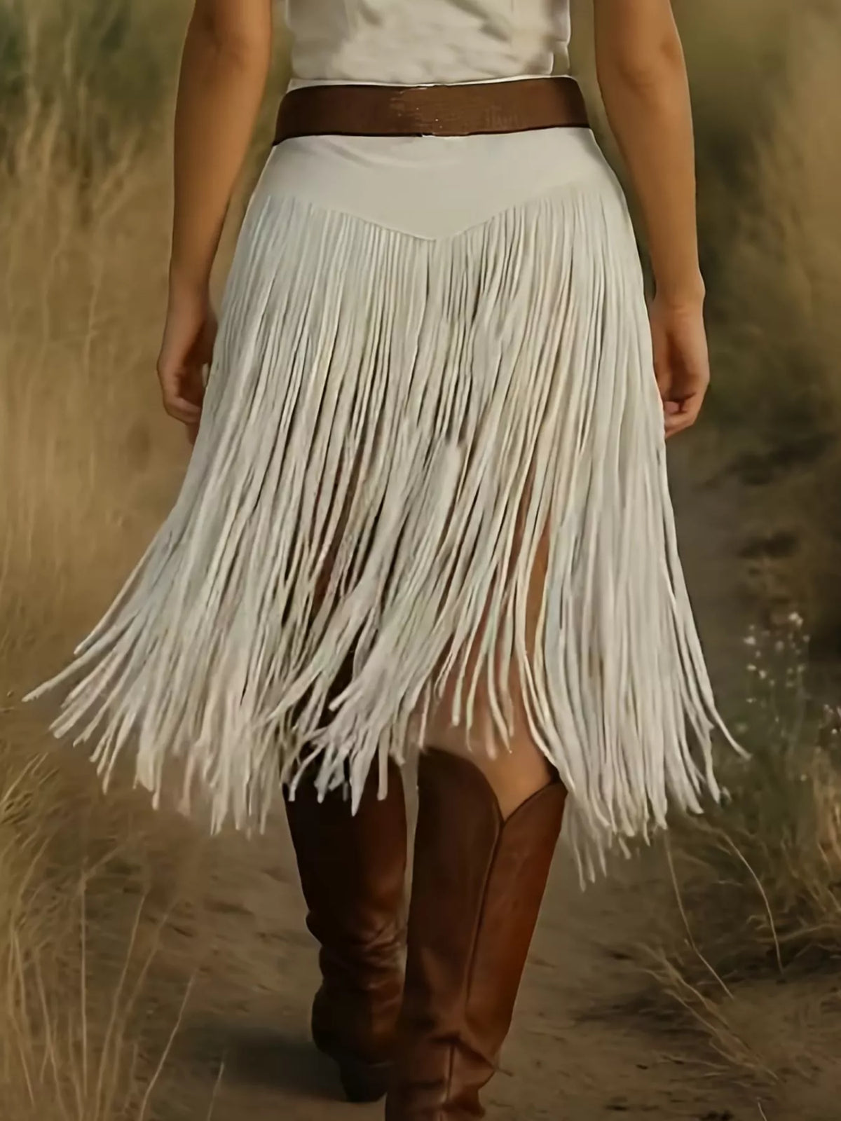 Fringe skirt hem and tassel detail