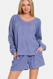 Zenana V-Neck Long Sleeve Ribbed Top and Shorts Set Blue Purple - Fashorio