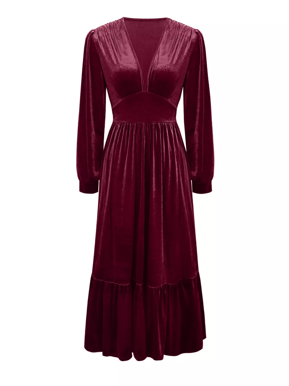 Ruffled hem long sleeve maxi dress fit view