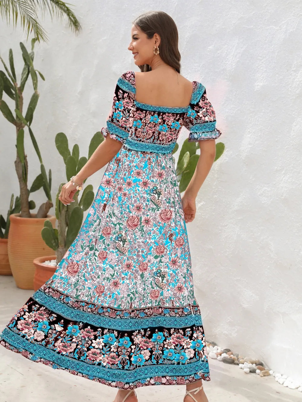 Floral flounce midi dress styled look