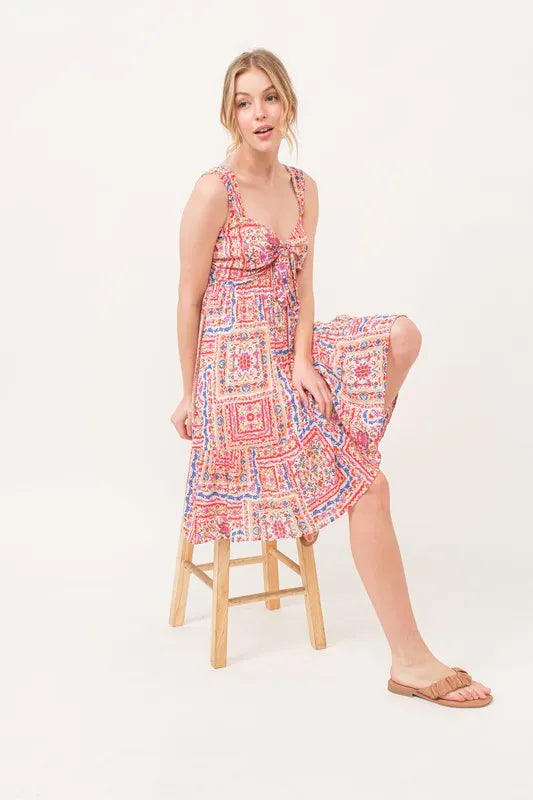 Tie Front Smocked Tiered Boho Dress in Red detail