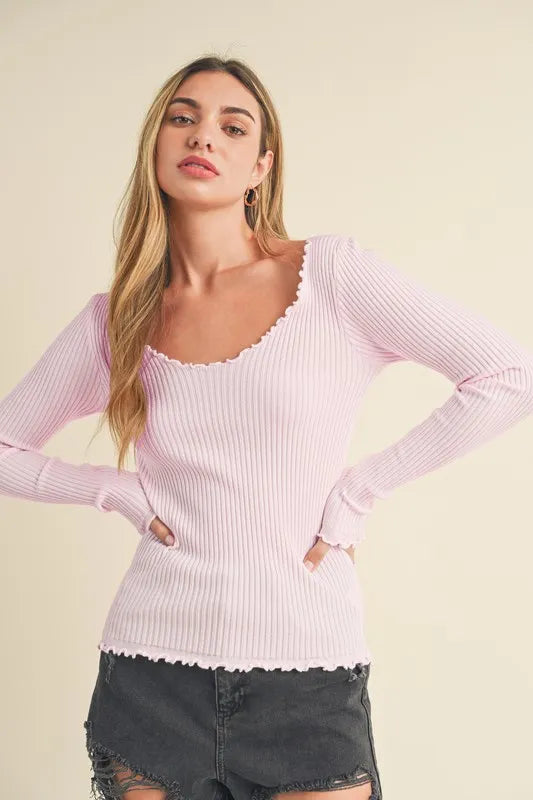 Lettuce hem scoop neck long sleeve knit top in blush pink front view