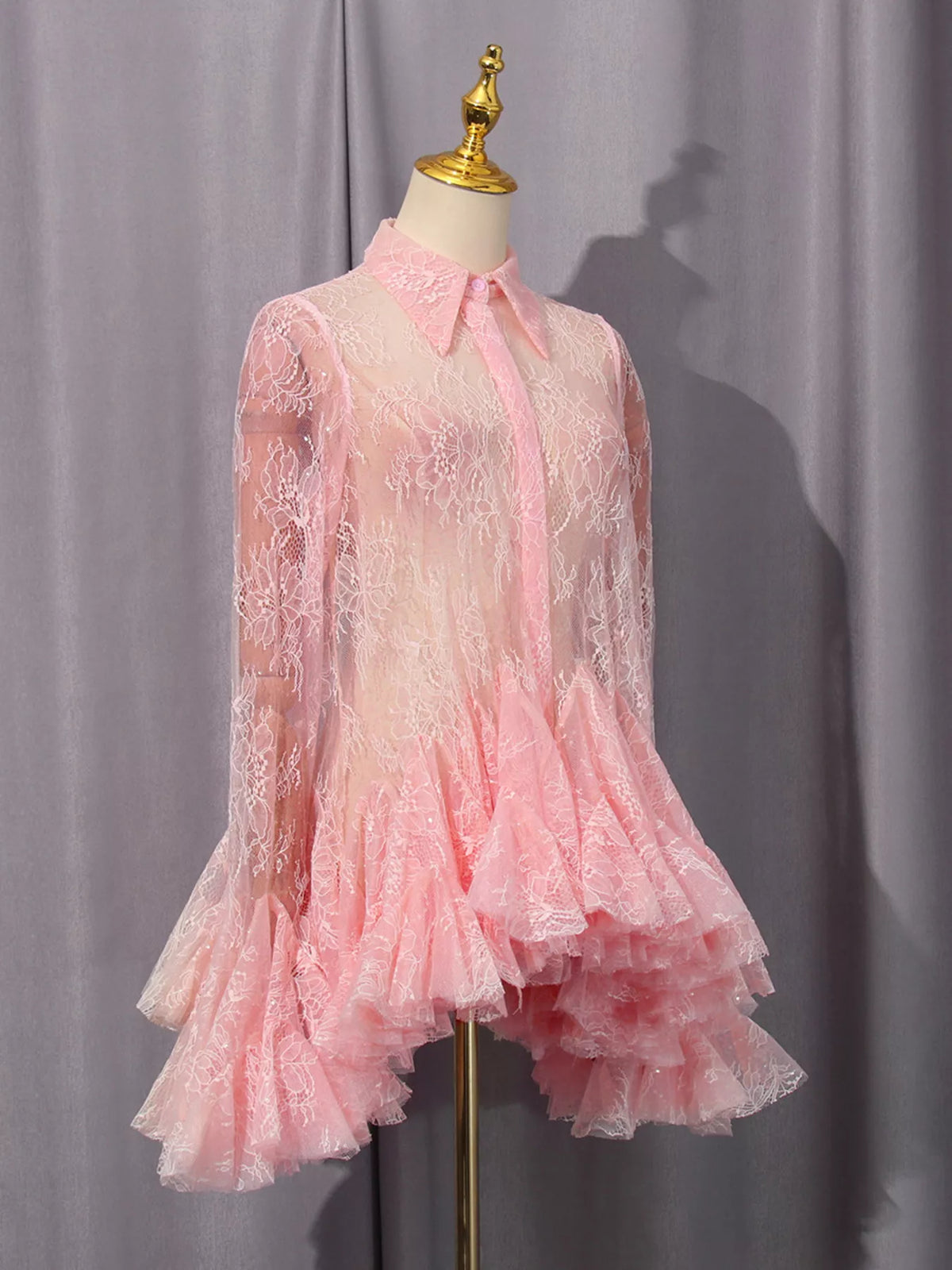 ruffled hem lace long sleeve dress side view