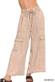 Zenana Washed Linen Elastic Band Waist Cargo Pants ASH MOCHA - Fashorio