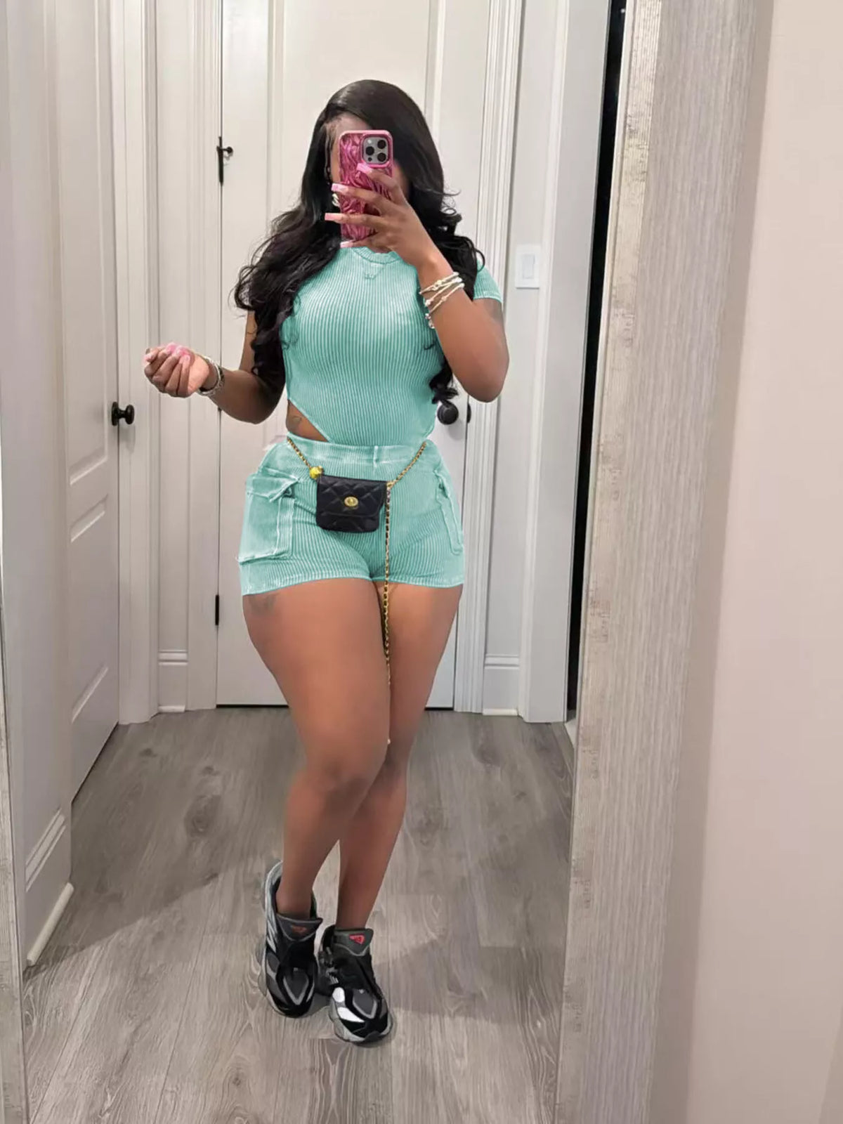 Ribbed knit bodysuit set styled ensemble