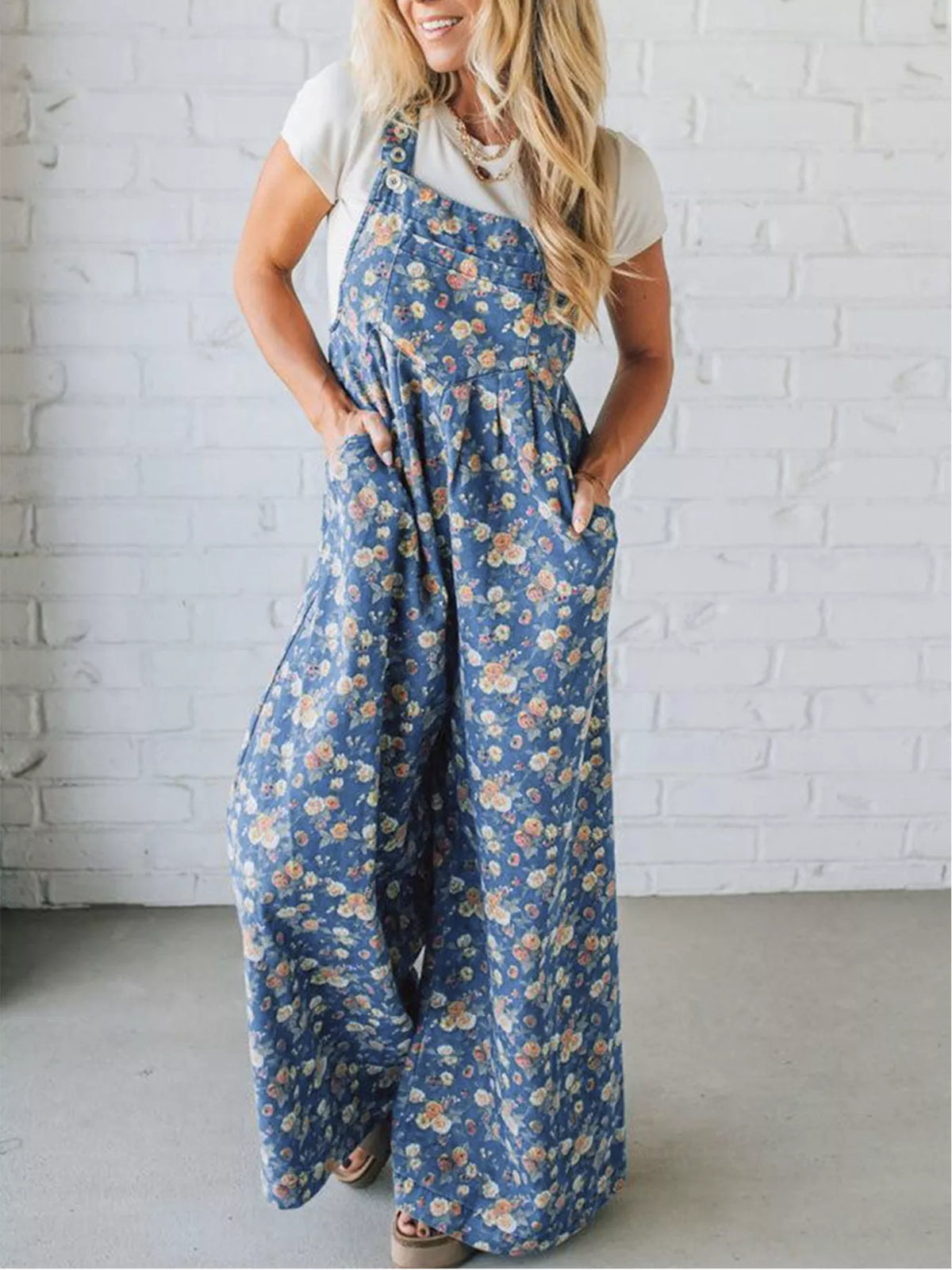 Floral print denim overalls side view