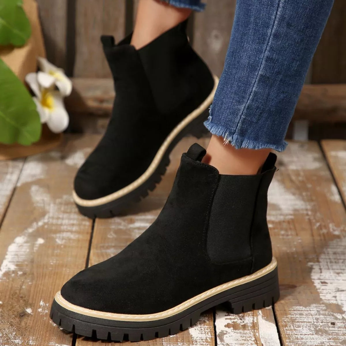 Round Toe Block Heel Boots paired with denim