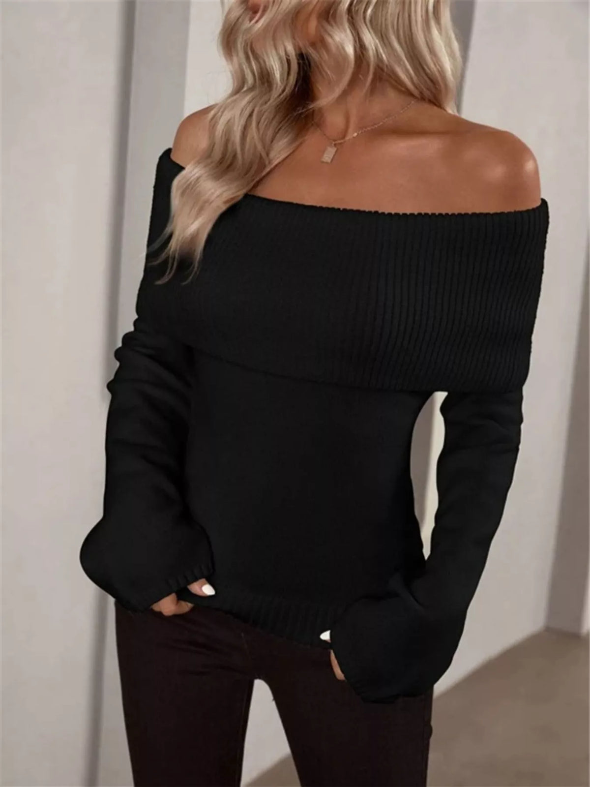 Off Shoulder Ribbed Knit Sweater, view 7