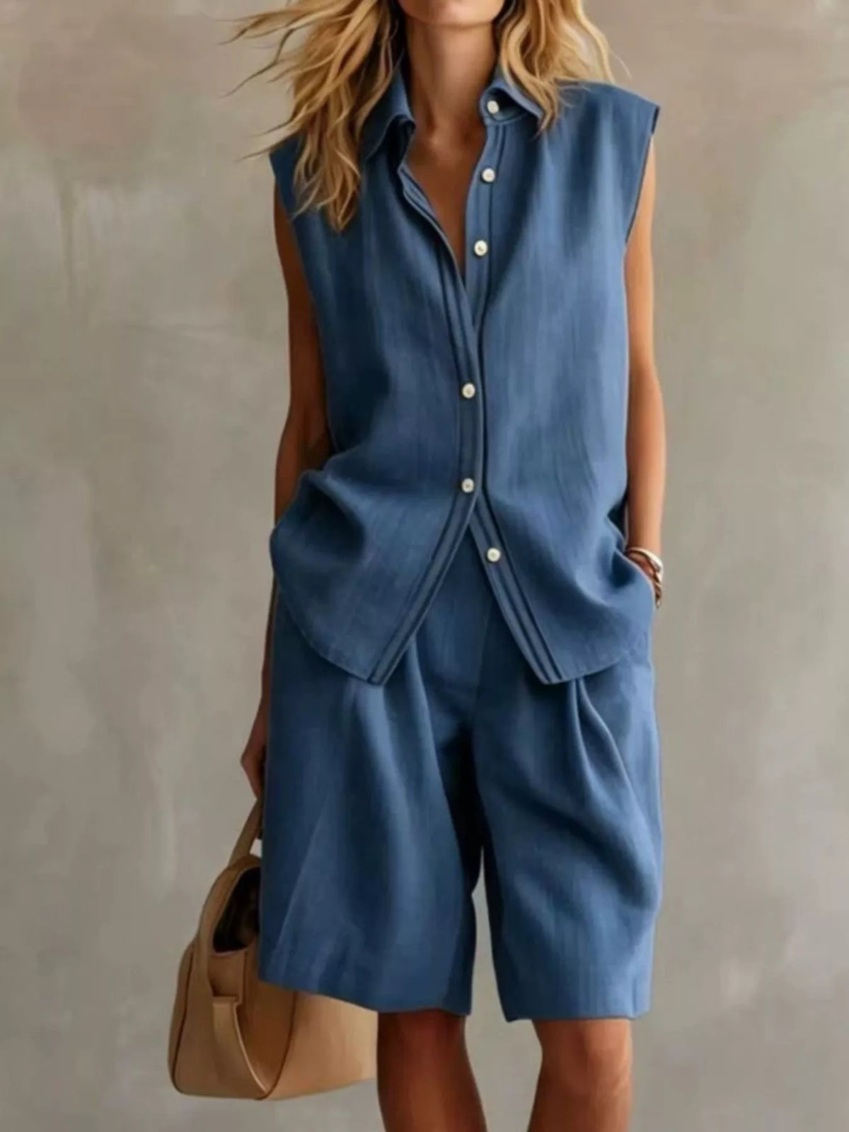 Coordinated sleeveless top and shorts outfit