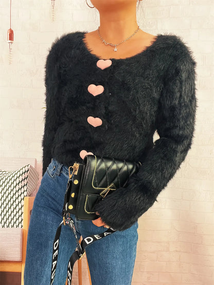 Fuzzy Heart Shape Button-Up Cardigan - Fashorio