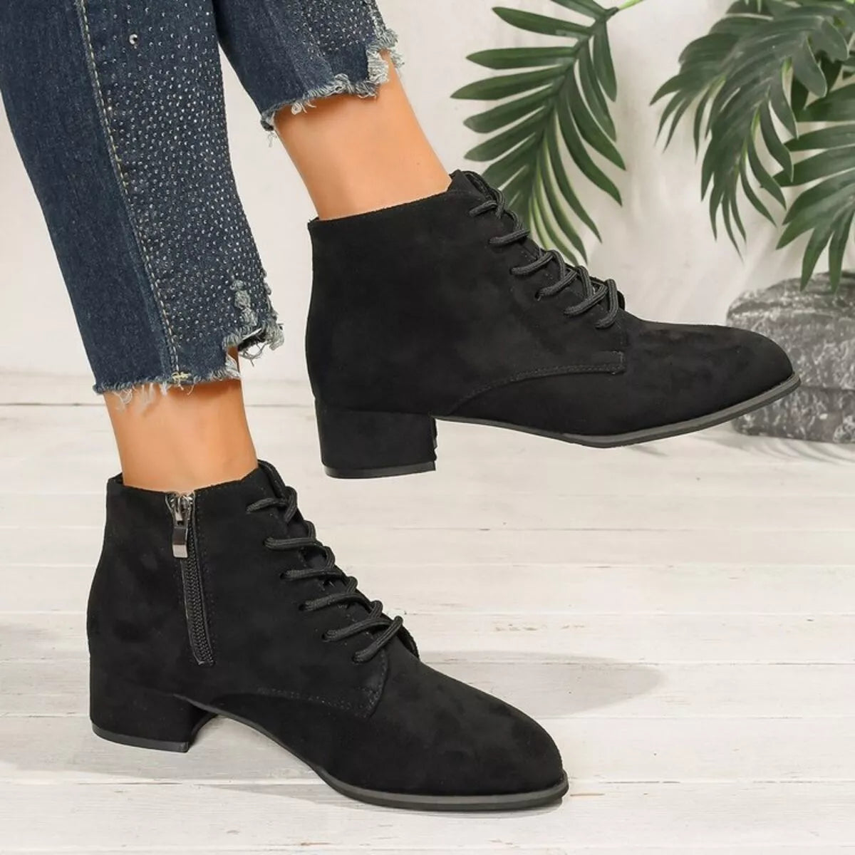 black lace up block heel boots close detail