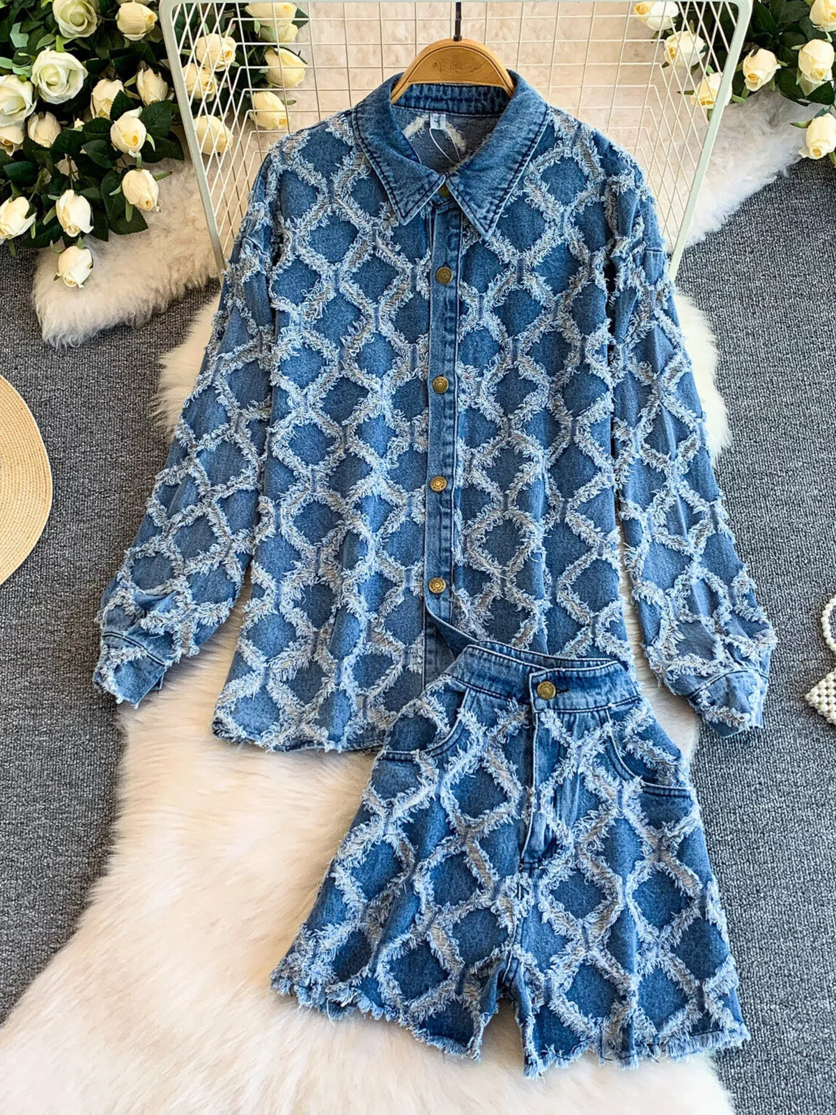 Distressed diamond denim jacket and shorts set front