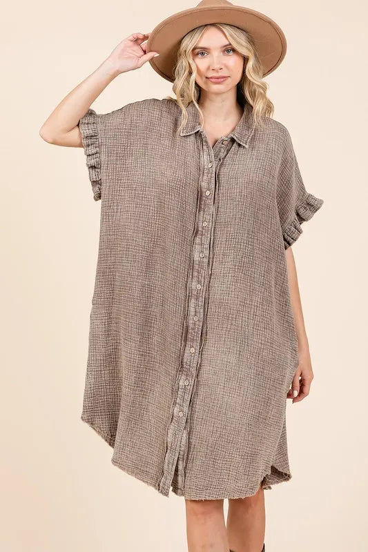 Cotton gauze mini dress ruffle sleeve detail