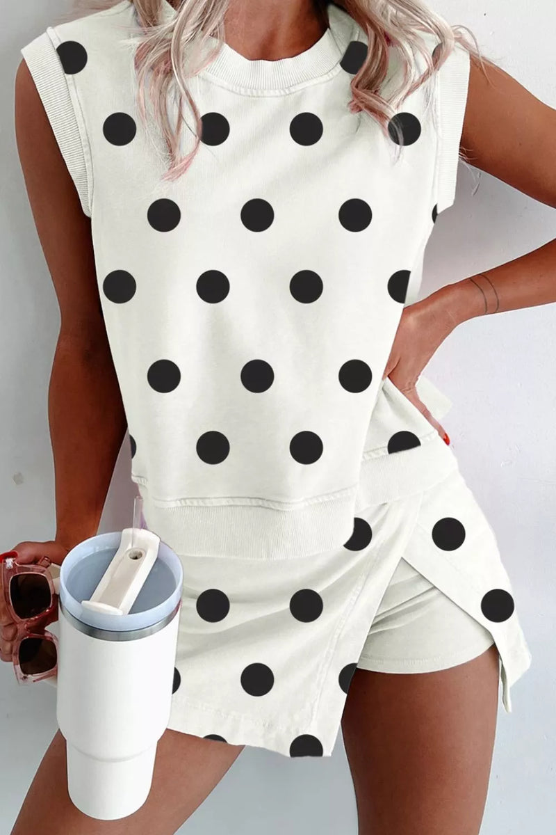 Polka dot tank and split mini skort set front view