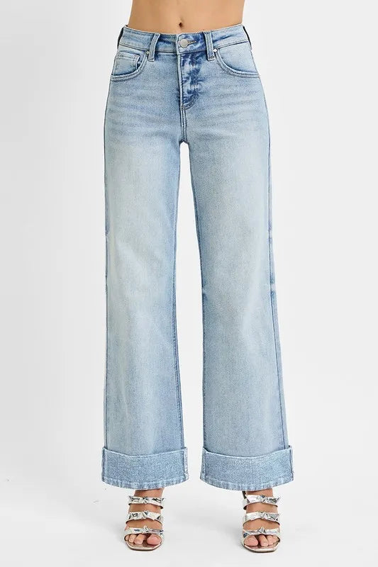 RISEN tummy control high rise wide cuffed jeans light wash front view