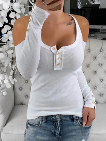 Cold Shoulder Ribbed Henley T-Shirt with Button Detail White - Fashorio