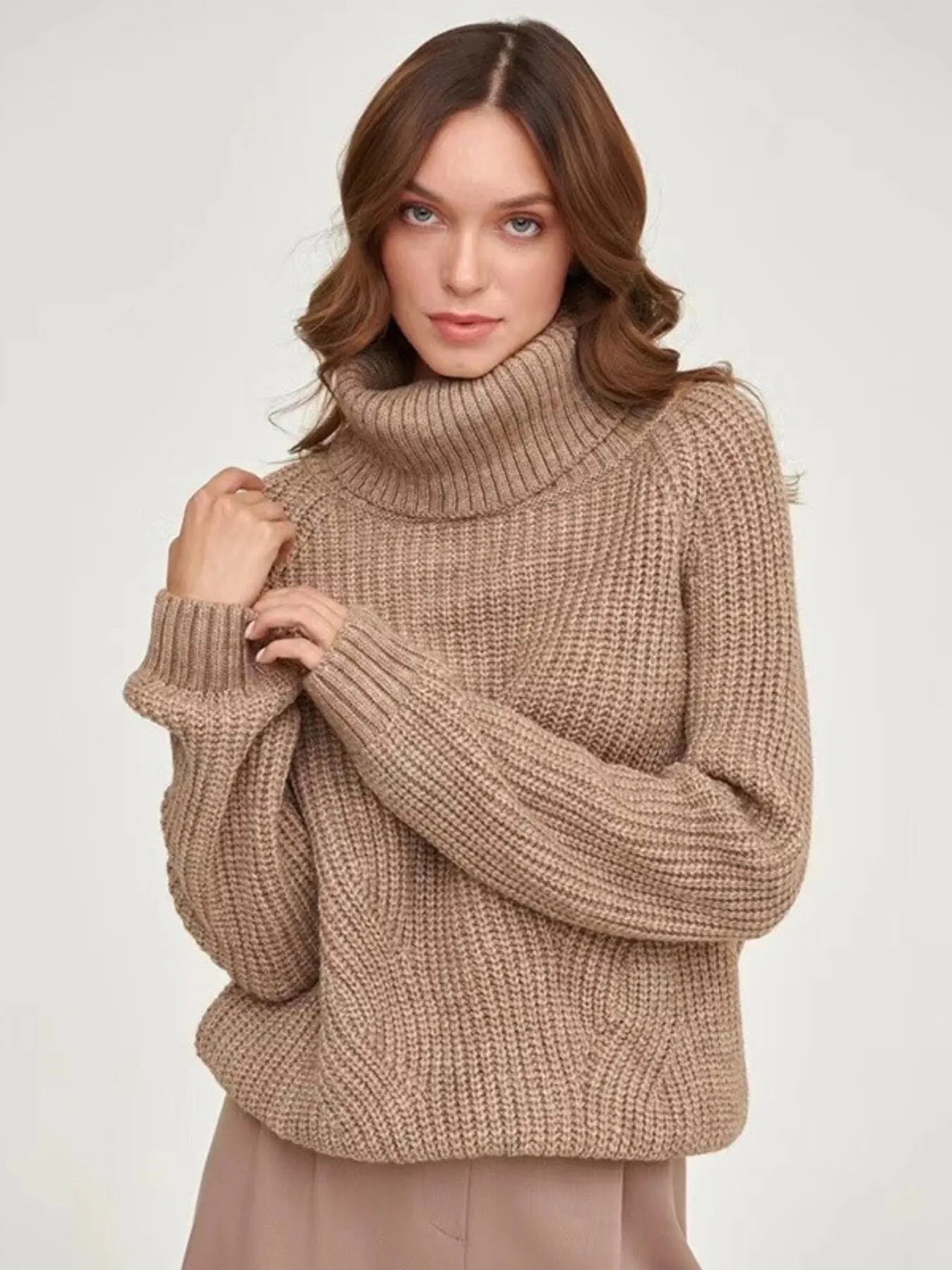 Turtleneck Long Sleeve Sweater Brown - Fashorio