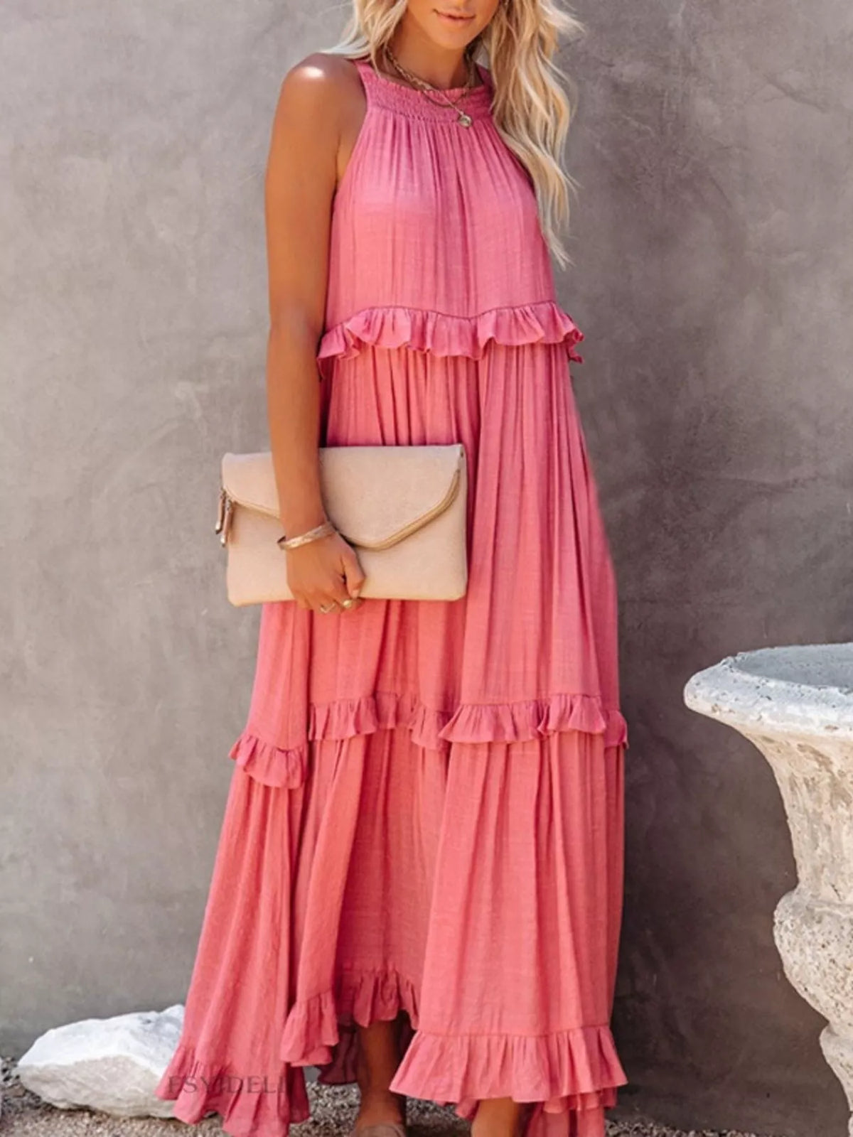 Ruffled tiered sleeveless maxi dress front view