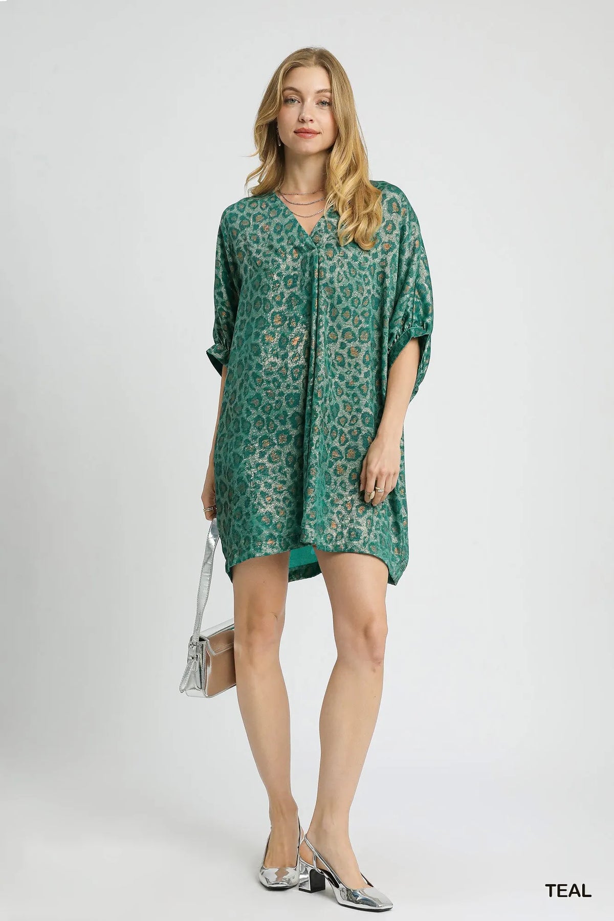 Metallic Leopard Print V Neck Kimono Dress styled look