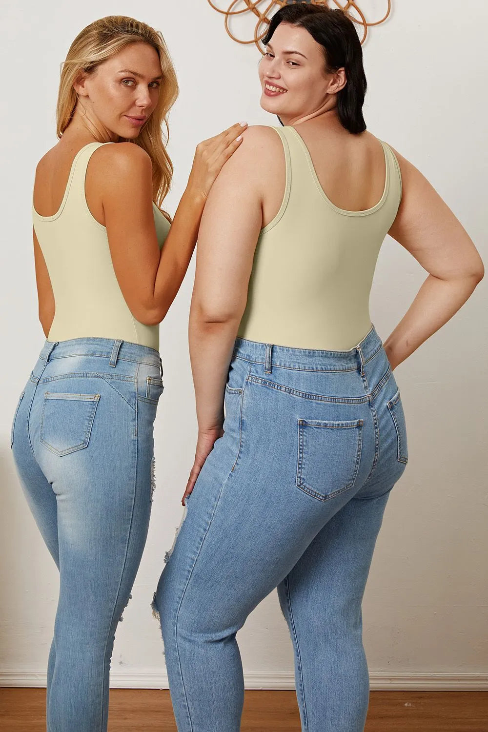 Basic Bae square neck sleeveless bodysuit front view on model