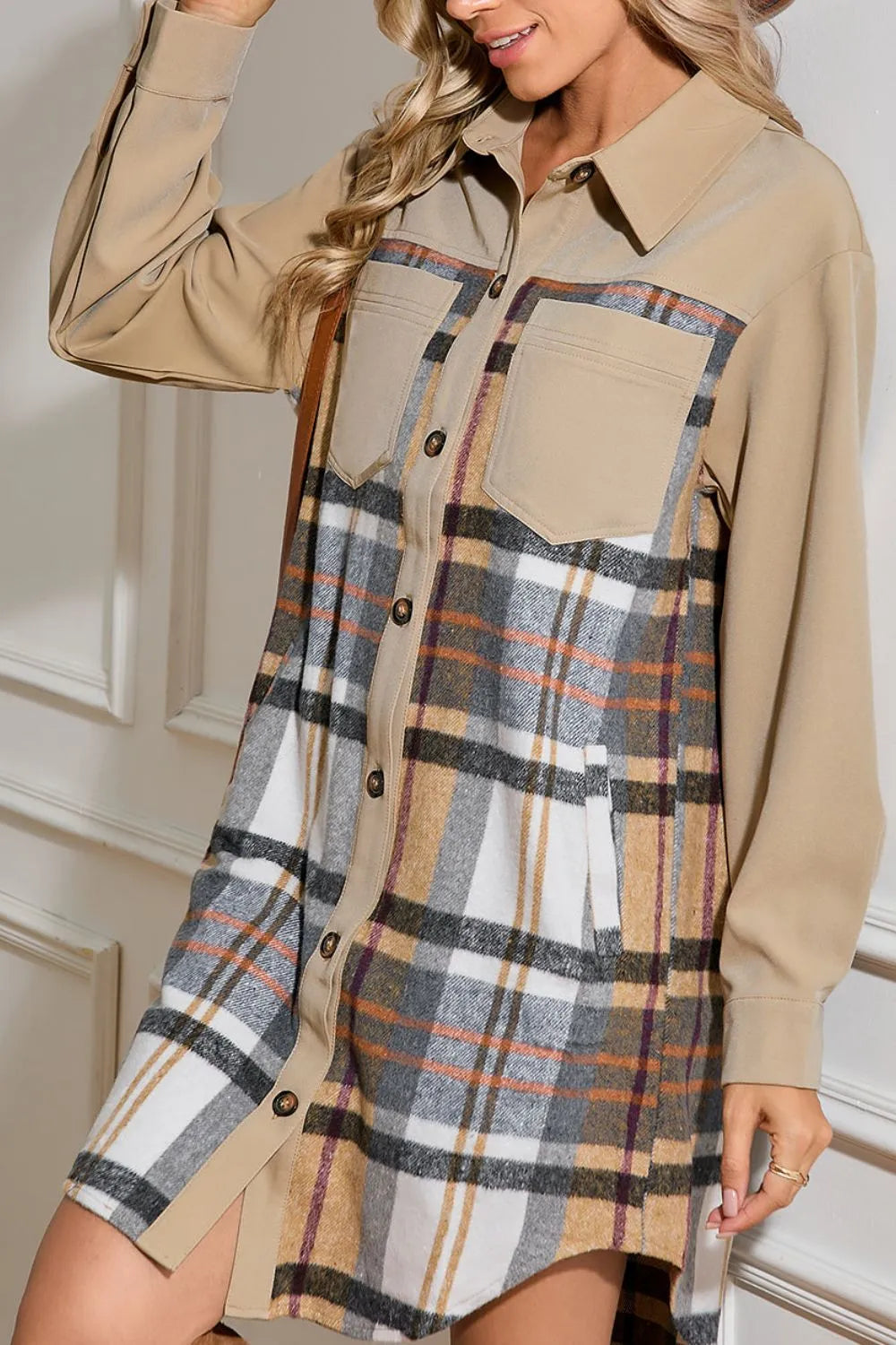 khaki plaid long sleeve button front mini shirt dress side view