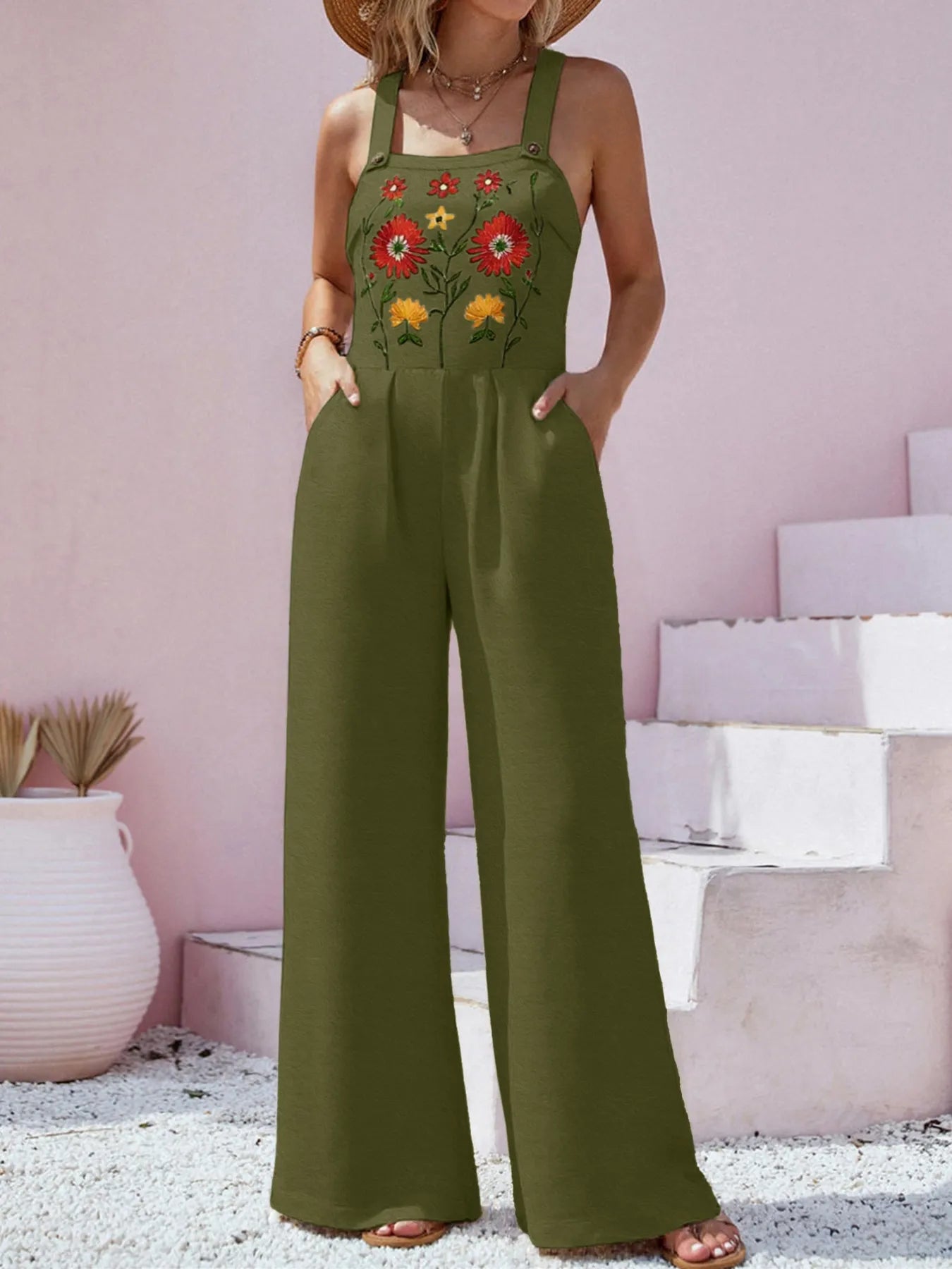 Floral Embroidered Wide Leg Jumpsuit - Fashorio