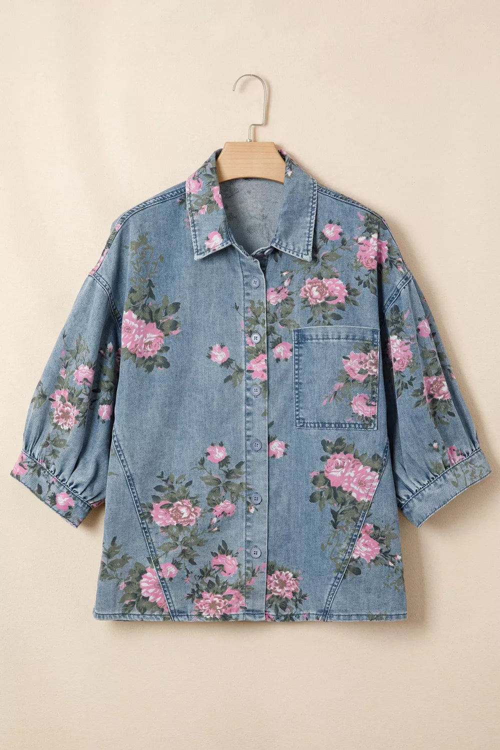 Floral denim shirt shown from the side