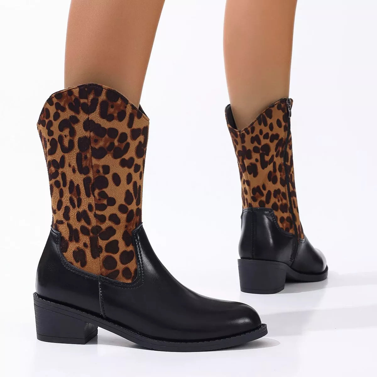 Point toe block heel boots top down view