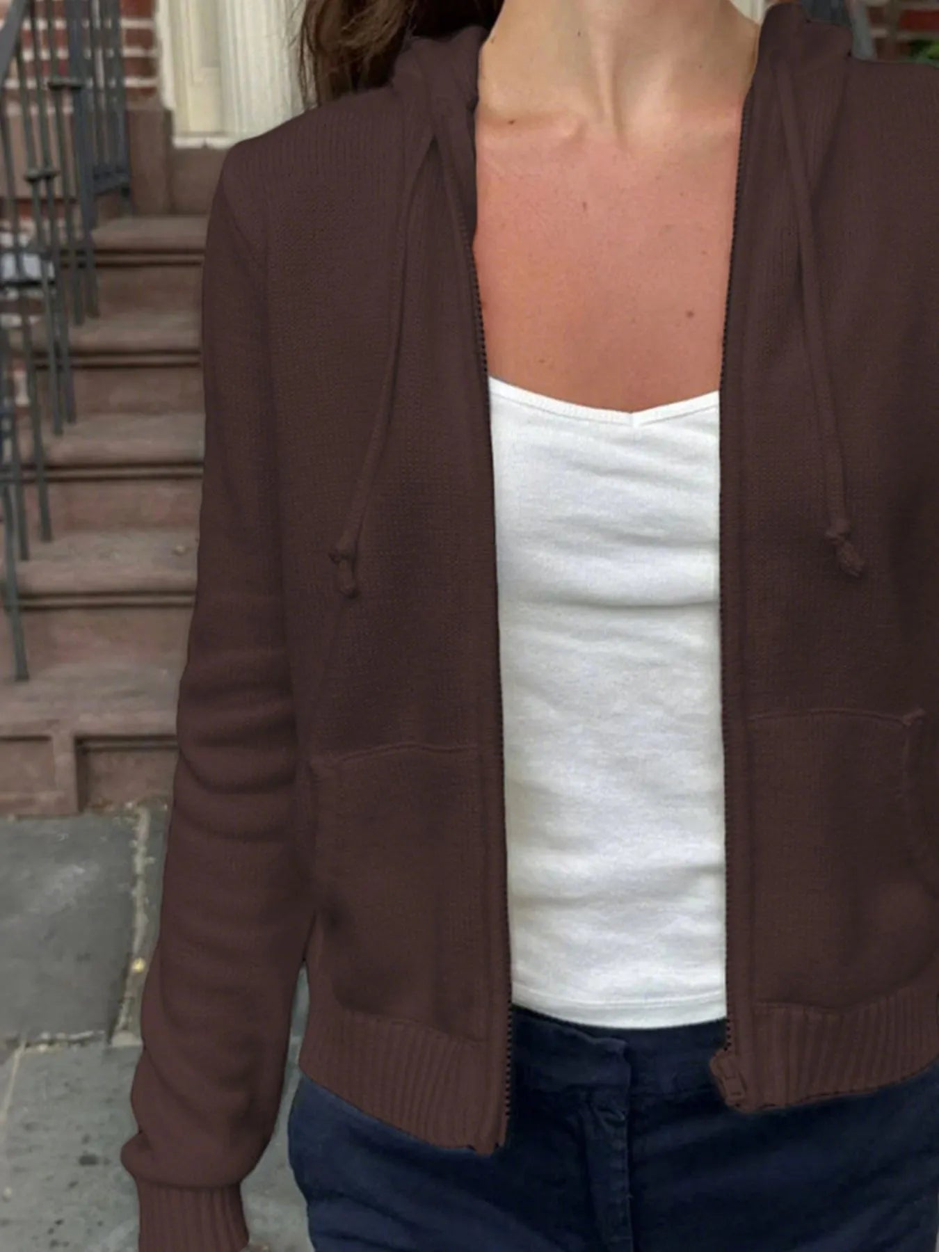 Drawstring Zip Up Long Sleeve Cardigan - Fashorio