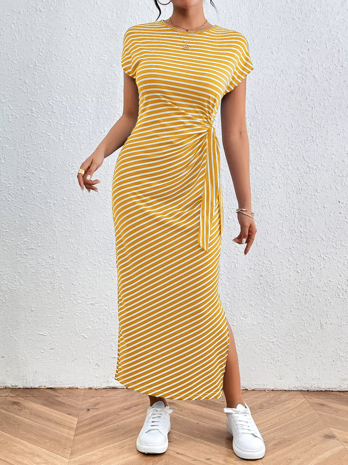 Dark gray striped long dress shown on model
