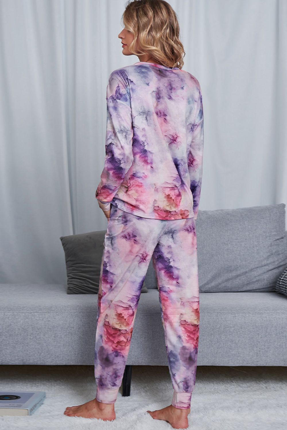 Shiny Tie-Dye Crewneck Top and Drawstring Waist Joggers Lounge Set - Fashorio