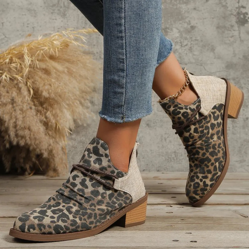 Contrast canvas low heel boots styled on model