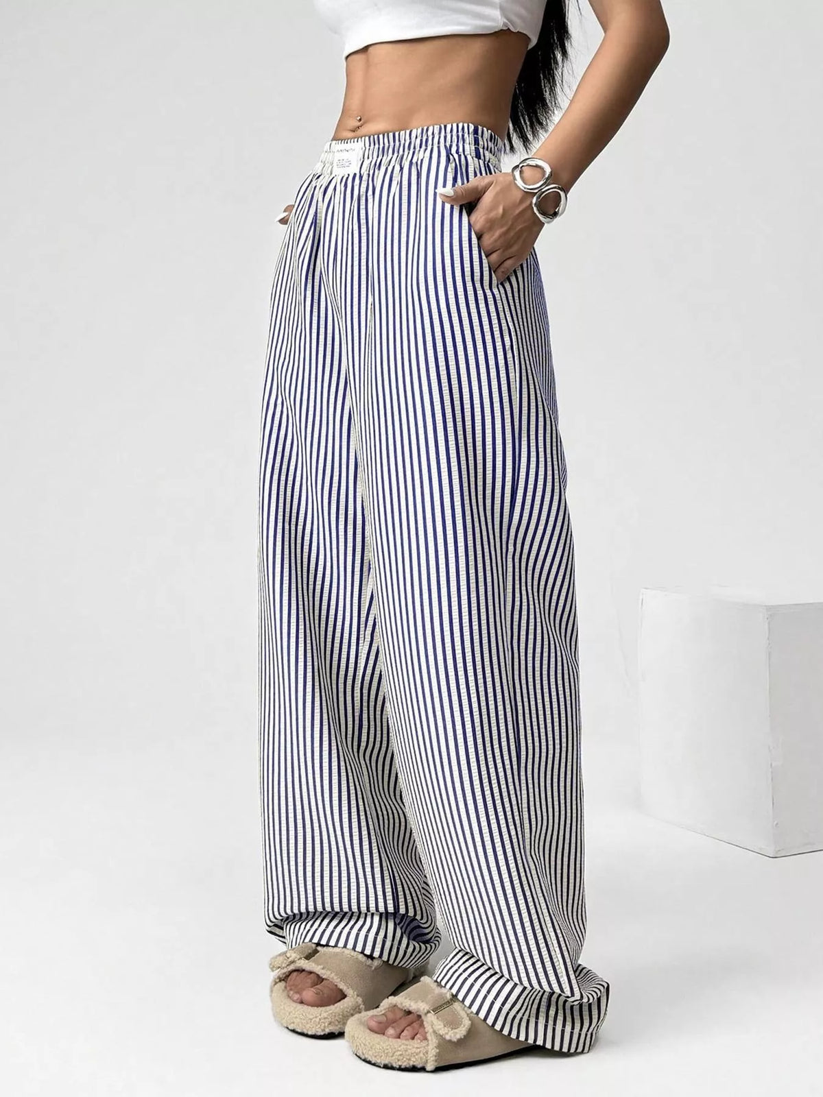 Striped high waist wide leg pants, side view