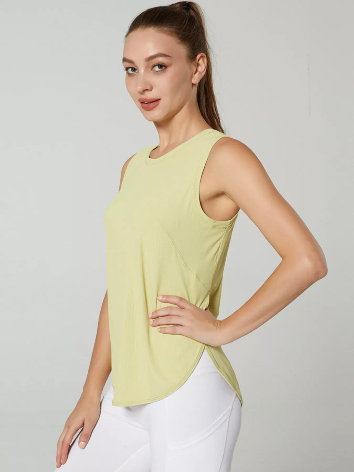 Close view of the ribbed knit texture on the tank