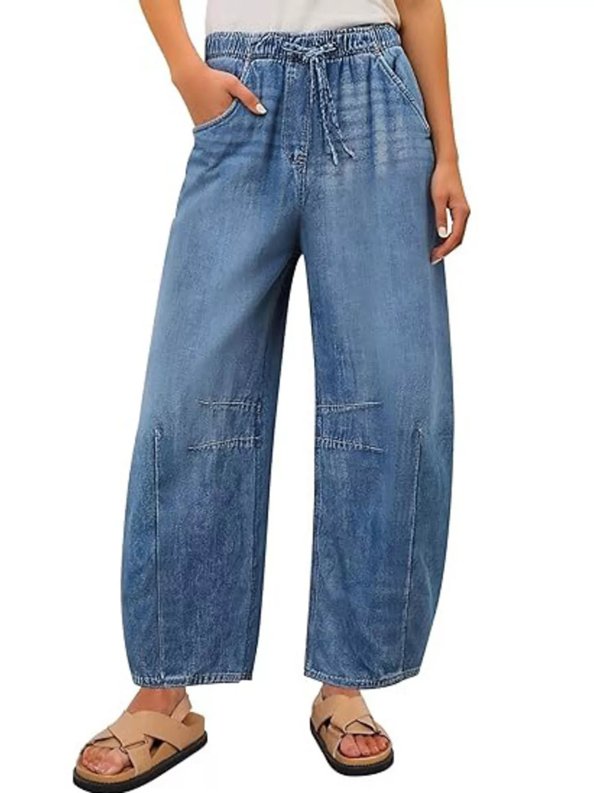 Full length styling of wide leg denim