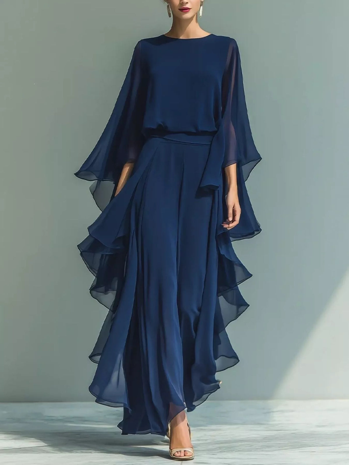 Ruffled chiffon long sleeve top and pants set front view