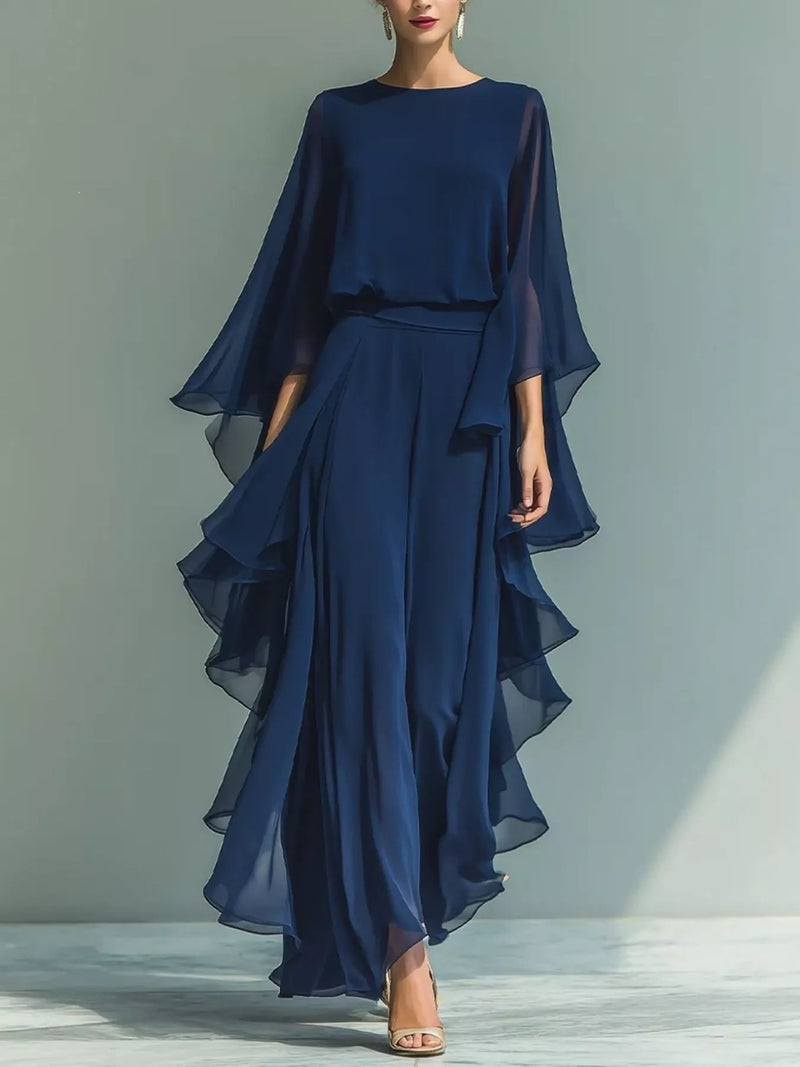 Ruffled chiffon long sleeve top and pants set front view