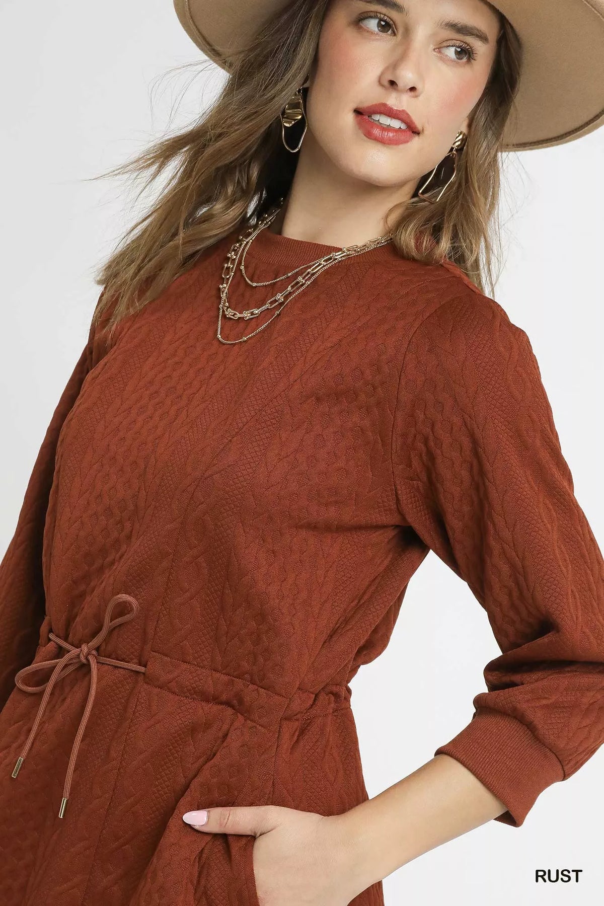 Cable Knit Drawstring Mini Dress with Pockets in Rust styled look