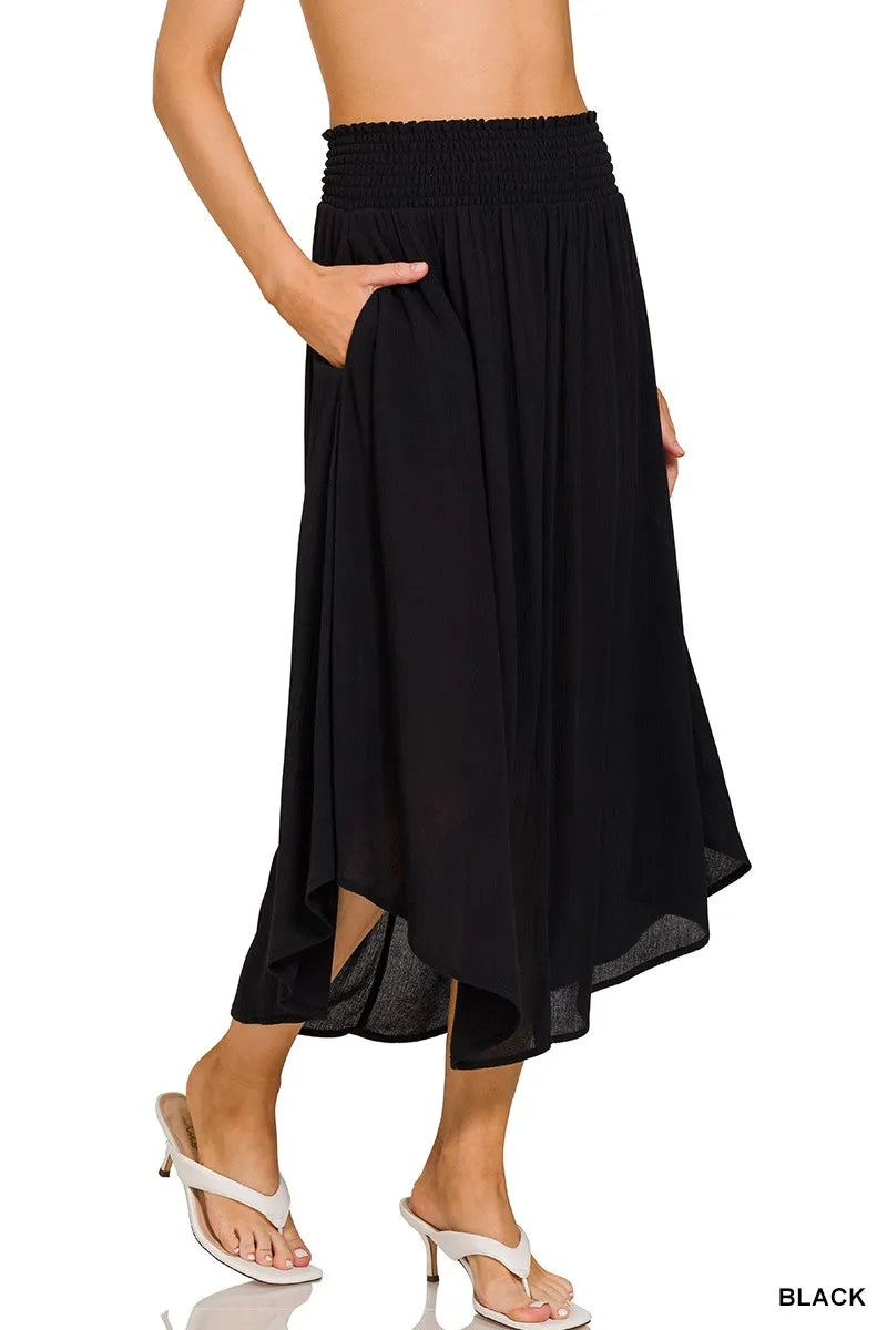 Zenana Woven Crinkle Smocked Waist Maxi Skirt W Pockets - Fashorio