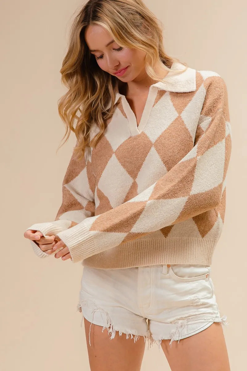 BiBi Diamond Pattern Collared Notch Neck Sweater - Fashorio