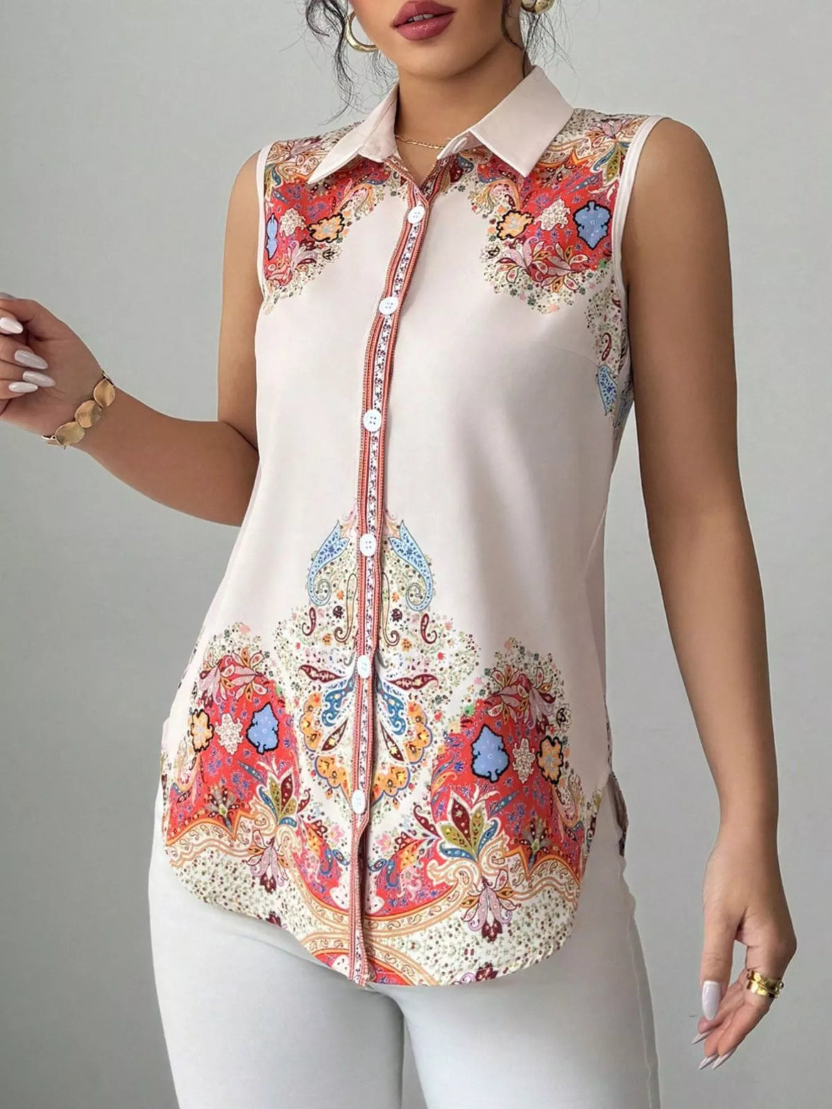 Button up sleeveless shirt side view