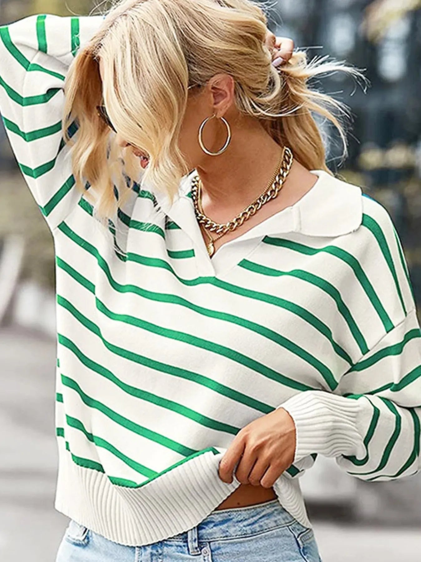 Ribbed Hem Long Sleeve Striped Sweater Green - Fashorio