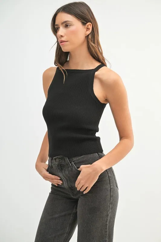 Black ribbed knit tank top side view on model