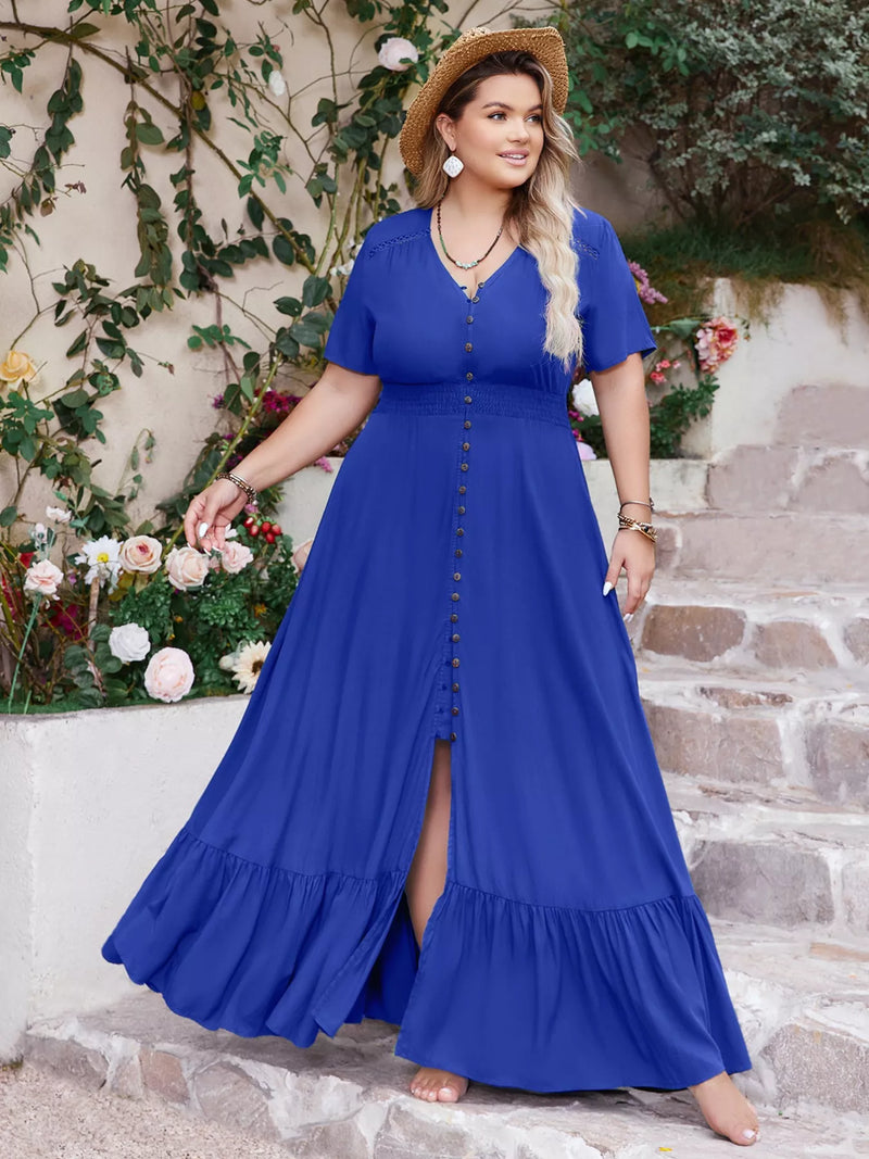 Ruffled hem V-neck maxi dress front view