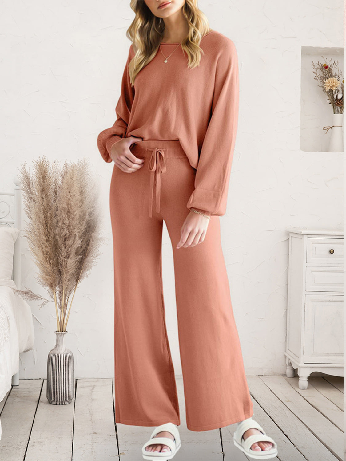 Long Sleeve Lounge Top and Drawstring Pants Set Dusty Pink - Fashorio