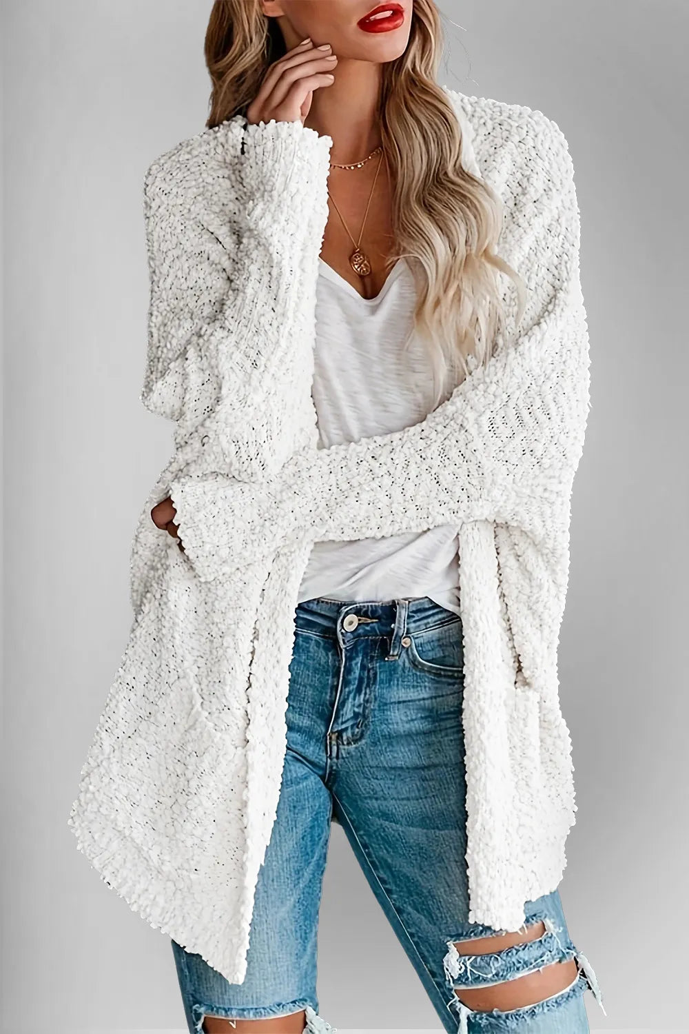 Double Take Pocketed Open Front Long Sleeve Cardigan White - Fashorio