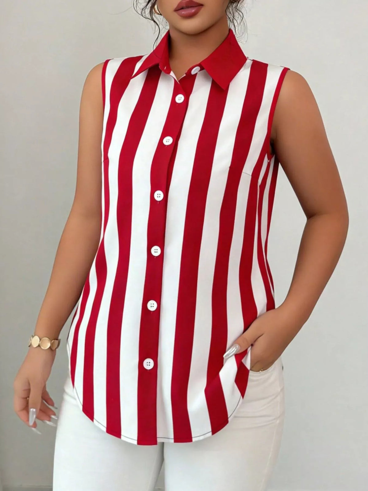 Button up sleeveless shirt color option shown front on