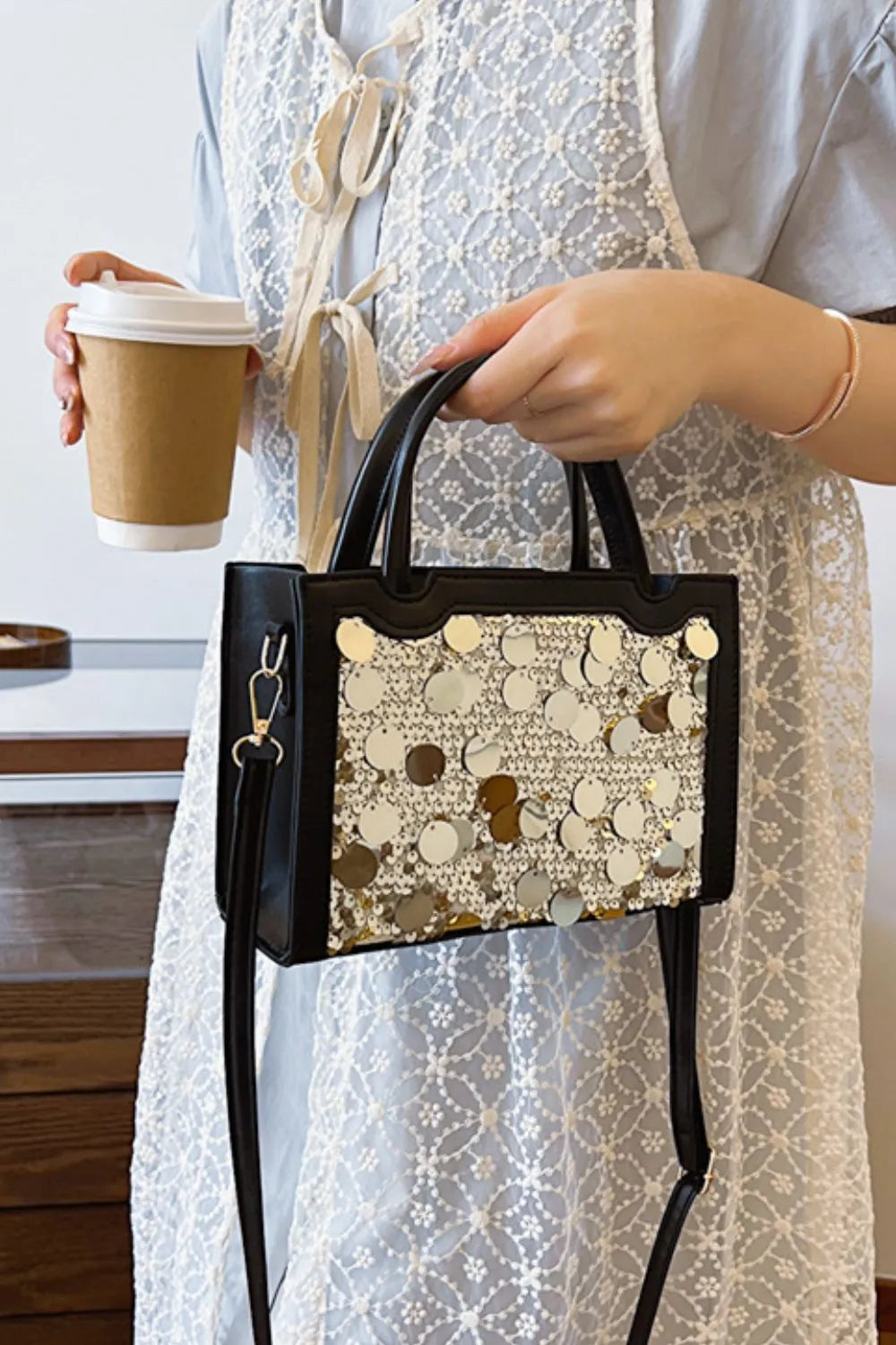 Faux Leather Sequin Handbag